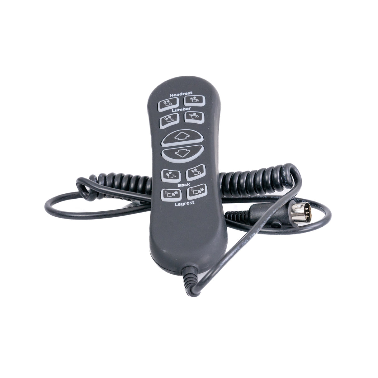 Hand Control for the Mega Motion MM3702 Lift Chair featuring 10 large buttons, a 5-pin quick-connect cable, a USB port, and a stretchable cord for easy operation and mobile charging.