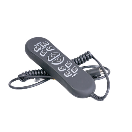 Hand Control for the Mega Motion MM3702 Lift Chair with large buttons, 5-pin cable, USB port, and stretchable cord. The remote features light-up buttons and rubberized coating for enhanced grip and comfort.