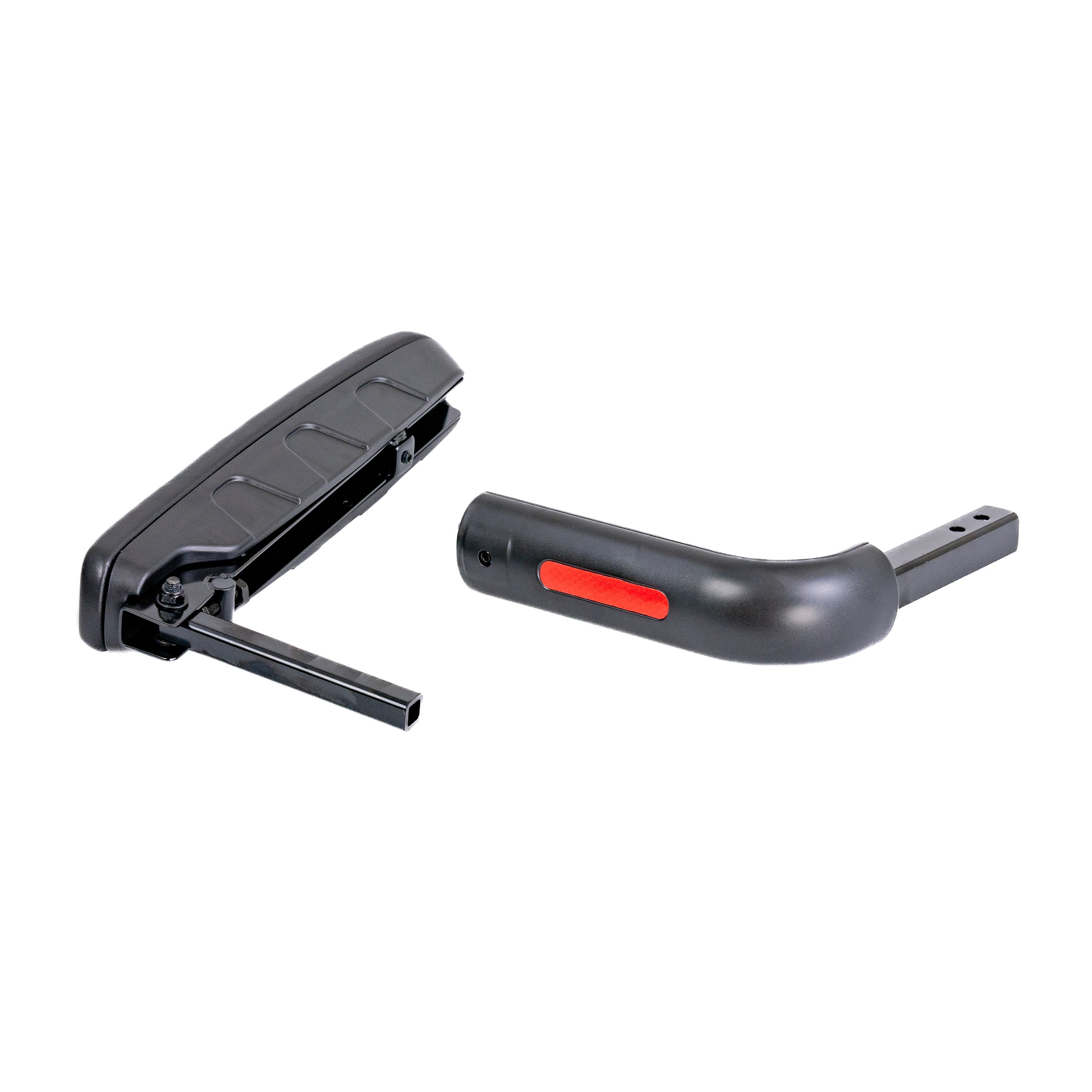 Armrest Assembly for the Jazzy Air 2 Power Chair, featuring a black tool with a red handle, elevating and flip-up armrest, and a lower hanger with a red reflector for safety.