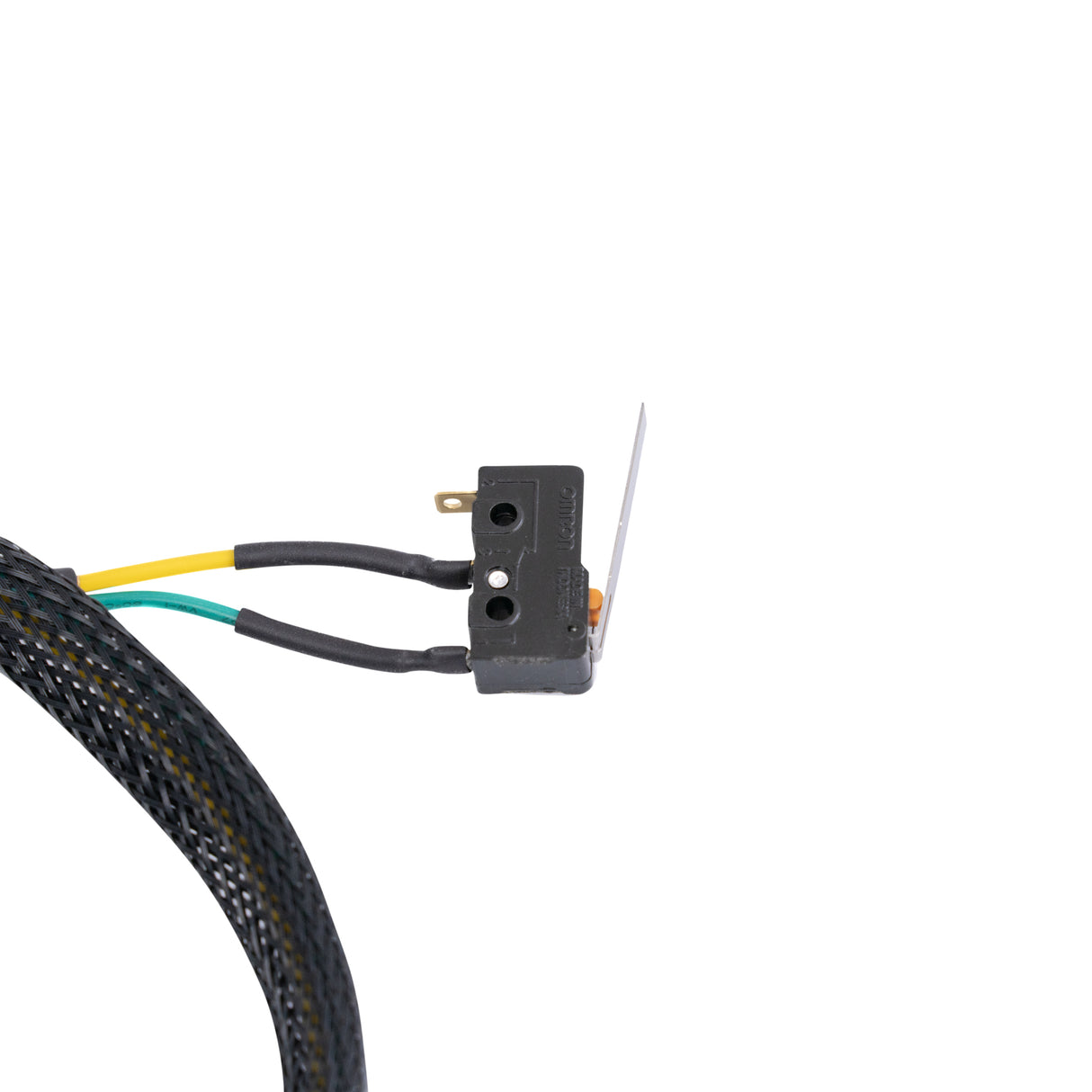 Left Suspension Switch Harness for Jazzy Air & Air 2 Power Chairs, featuring a braided outer shell and a 2-pin male connector for suspension control, shown in a detailed close-up.