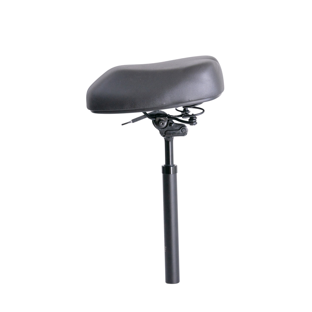 Seat with Folding Stem for the GOTRAX Flex Electric Scooter, featuring a black, padded seat on an adjustable post with a shock absorber, designed for comfort on bumpy city roads, shown against a white background.