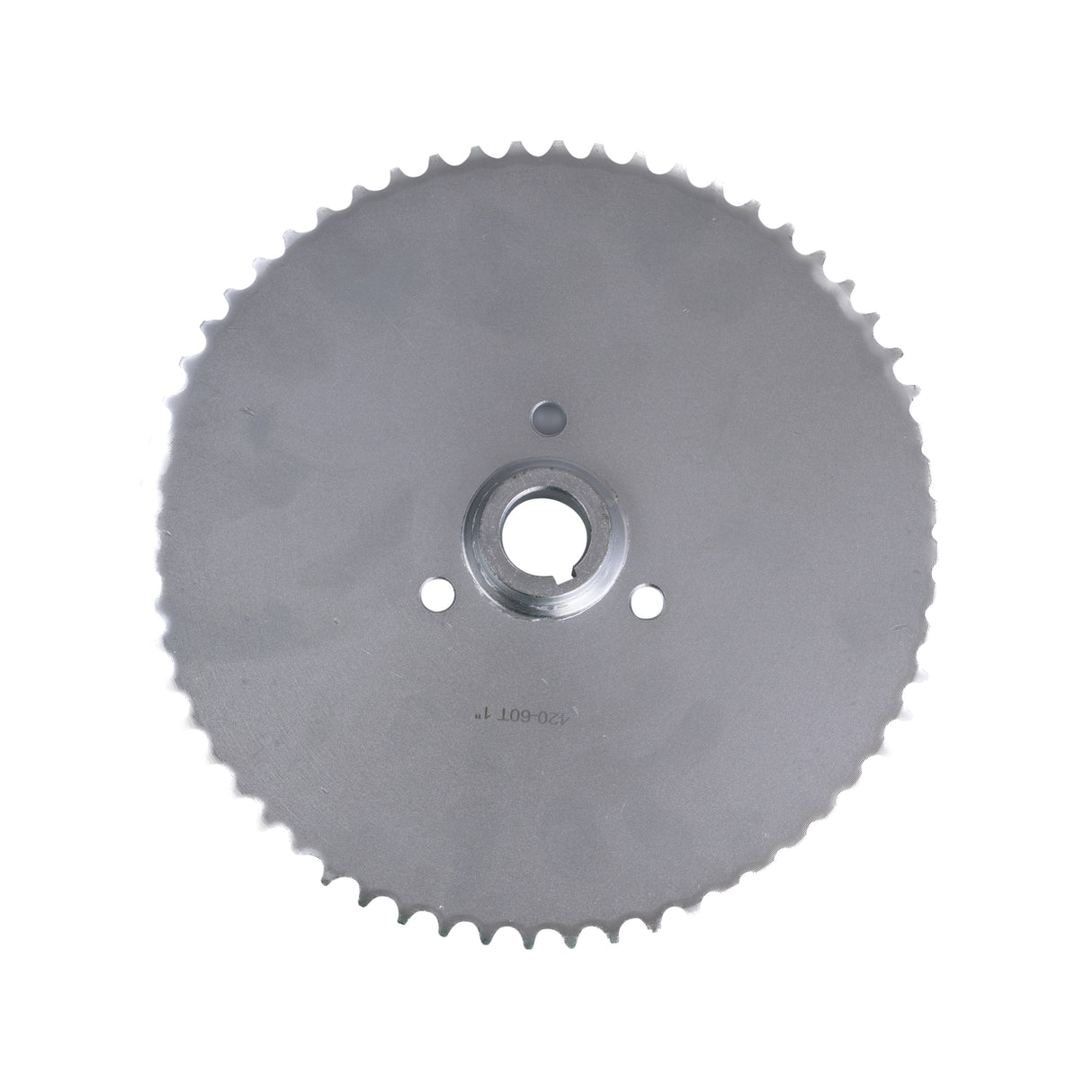 Go-Kart Live Axle Sprocket - 40/41/420 Chain 60 Tooth with 1 Bore & 1/4 Keyway: a close-up of a circular metal sprocket with a central hole.