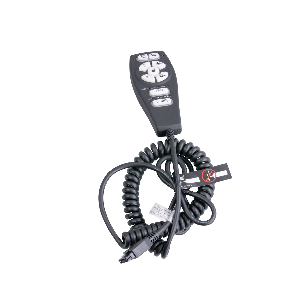 Hand Control with Heat and Massage for the Mega Motion NM6100, featuring 9 buttons, a coiled cord for easy management, and a 14-pin connector, designed for enhanced control and functionality.