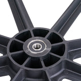 Close-up of a Urethane Wheel for Invacare Insignia Wheelchair, showing its black plastic construction with a metal center and a 3/4 handrail.