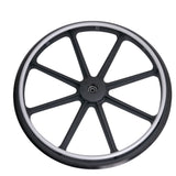 Urethane Wheel for Invacare Insignia Wheelchair: A close-up of a black and silver wheel with a 3/4 handrail and hard outer urethane material, designed for durability and lightweight use.