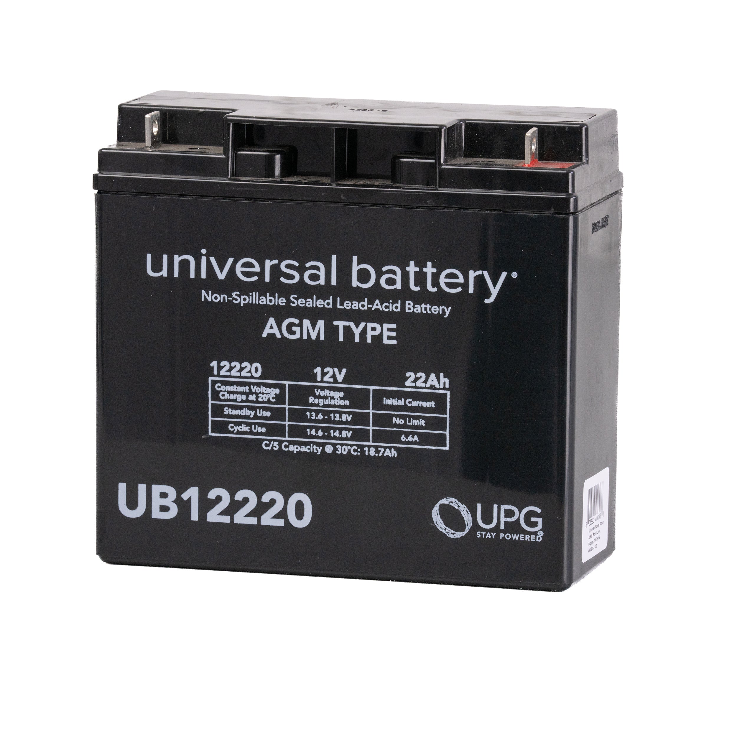 Half U1 22 Ah (18 Ah Upgrade) 12 Volt AGM Mobility Scooter Battery, black with white text, featuring a sealed lead acid design and barcode, shown in a close-up view.