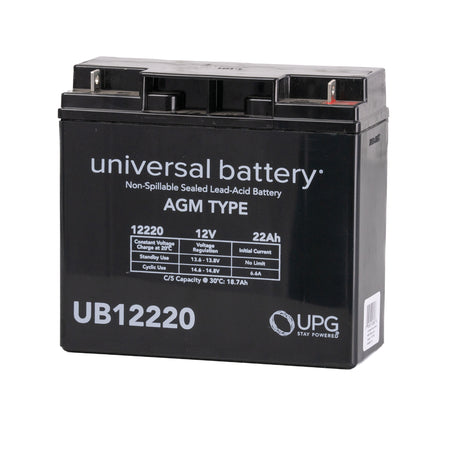 Half U1 22 Ah (18 Ah Upgrade) 12 Volt AGM Mobility Scooter Battery, black with white text, featuring a sealed lead acid design and barcode, shown in a close-up view.