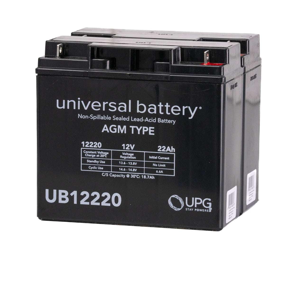 Half U1 22 Ah (18Ah Upgrade) 24 Volt AGM Scooter Battery Pack, close-up of a black battery with white text, detailing model numbers and barcode on the label.