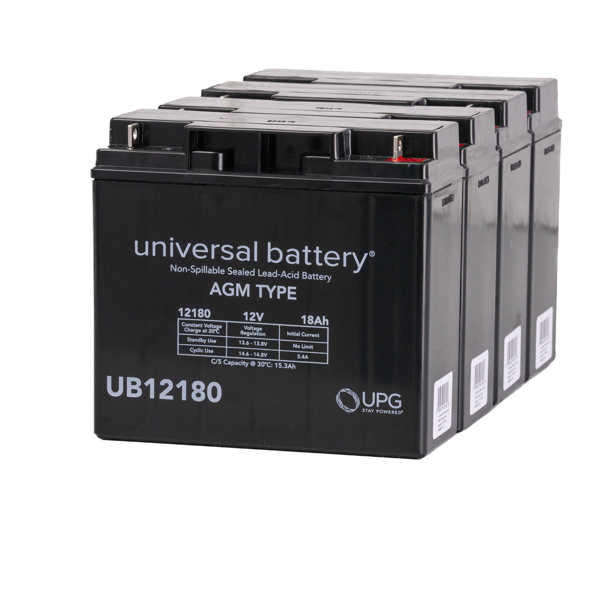 Half U1 18 Ah (17 Ah - 20Ah Replacement) 48 Volt AGM Scooter Battery Pack with Post Terminals, shown as a group of black batteries with close-up views highlighting labels and logos.