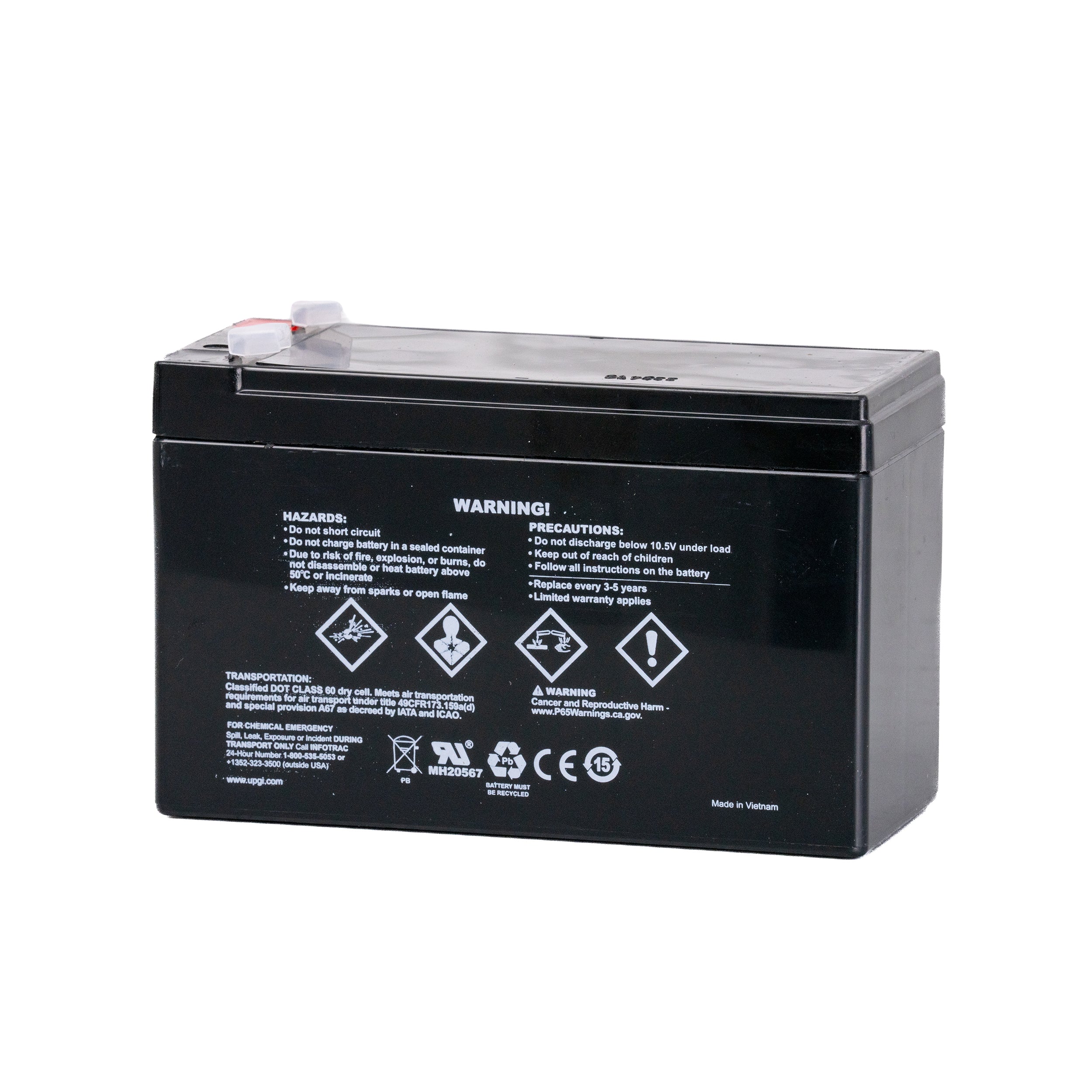 12 Volt 7 Ah Battery for the Kidzone 12V Ride-On Electric Tractor w/ Trailer; black rectangular battery with white text and red caps, designed for children's electric vehicles.