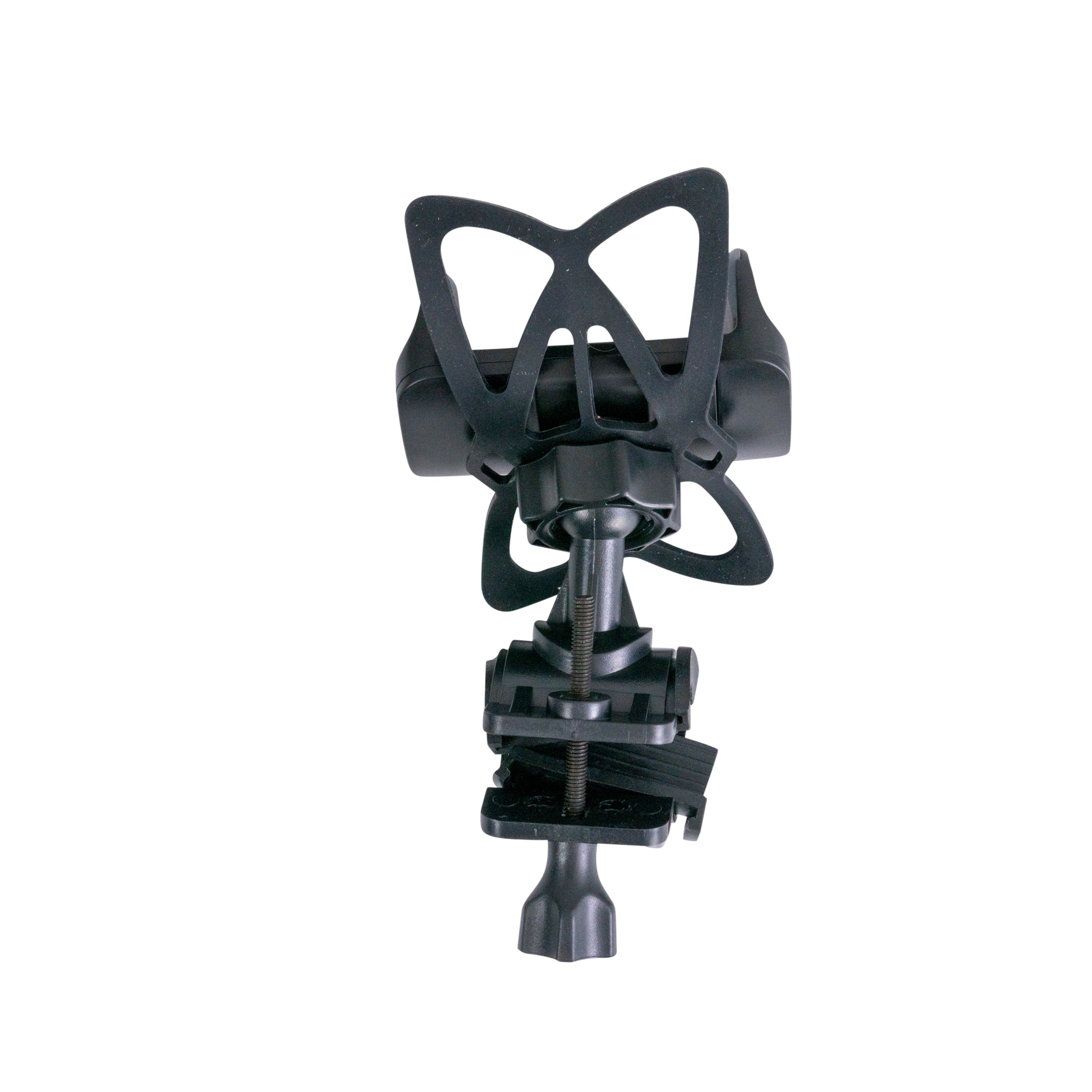 Universal Smartphone Holder for Bikes & Scooters, close-up of black plastic holder with screw, designed to securely mount various devices on handlebars.