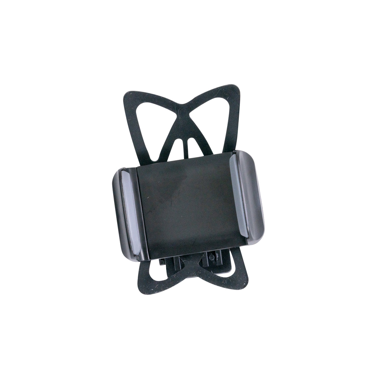 Universal Smartphone Holder for Bikes & Scooters, black plastic clip with strap, designed for mounting devices on handlebars, securely holds phones, GPS units, and MP3 players.