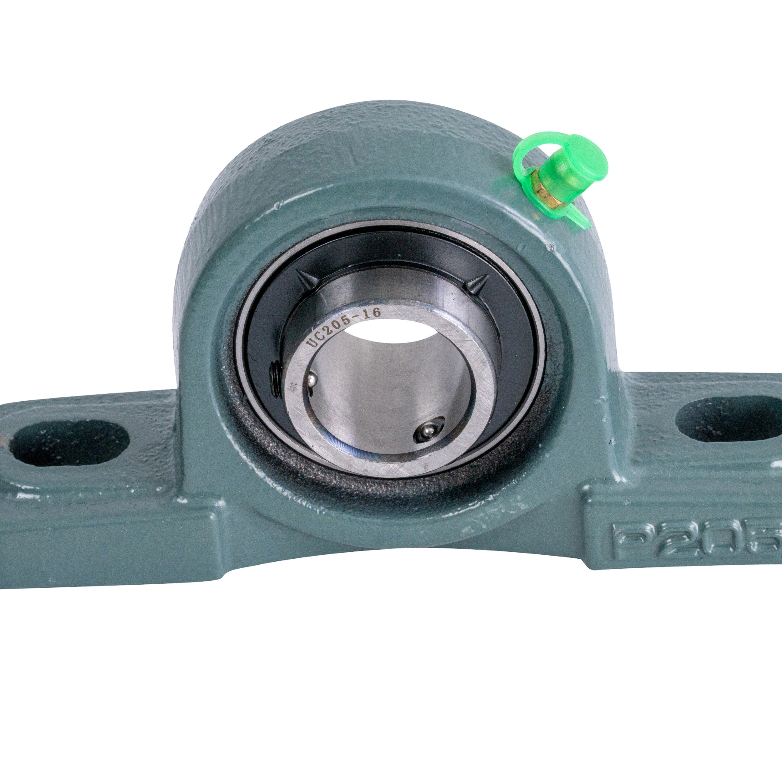 Close-up of the UCP205-16 Pillow Block with 1 Bearing featuring a heavy-duty cast iron housing and a preinstalled bearing with set screws and a brass lubrication nipple.