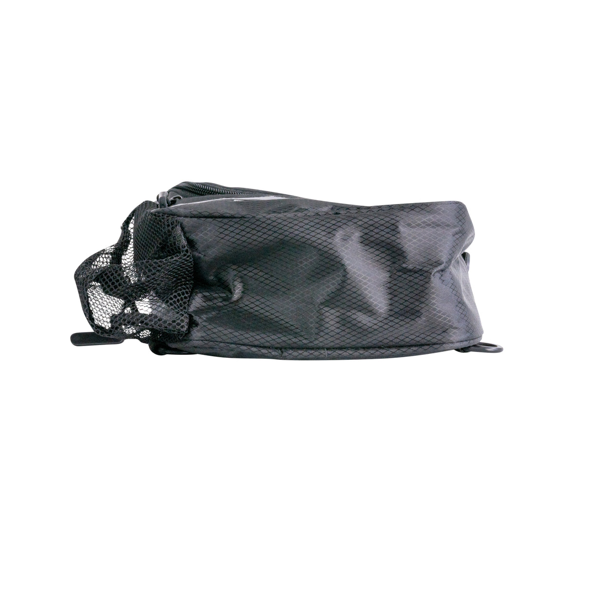 Insulated Handlebar Bag with Rain Cover & Carrying Strap for Bikes & Scooters featuring a black design, zippered compartments, a side mesh pouch, and hook & loop straps for secure attachment.