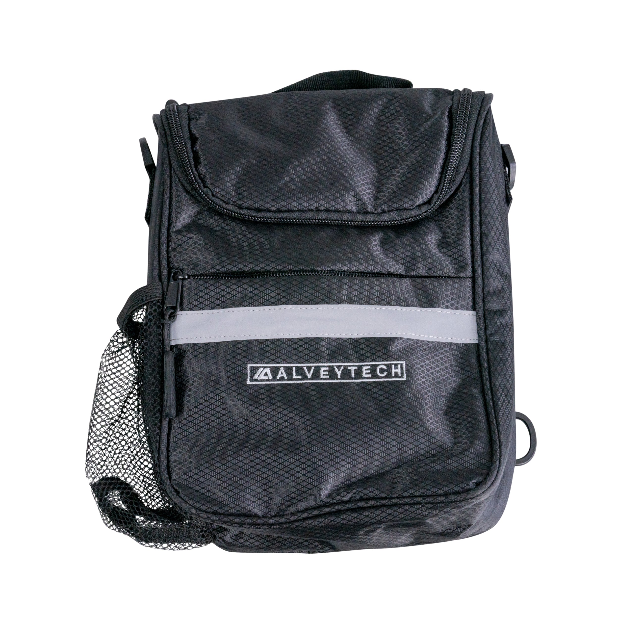 Insulated Handlebar Bag with Rain Cover & Carrying Strap for Bikes & Scooters, featuring a grey stripe, mesh side pouch, and multiple zippered compartments for ample storage.