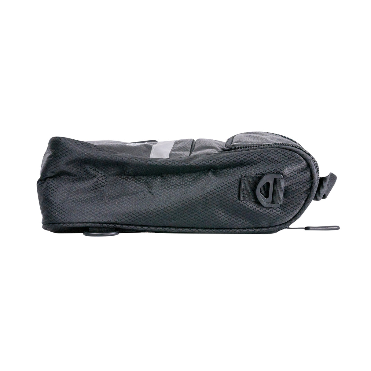 Insulated Handlebar Bag with Rain Cover & Carrying Strap for Bikes & Scooters, featuring a zippered top flap, black buckle on a strap, and a white label on black fabric.