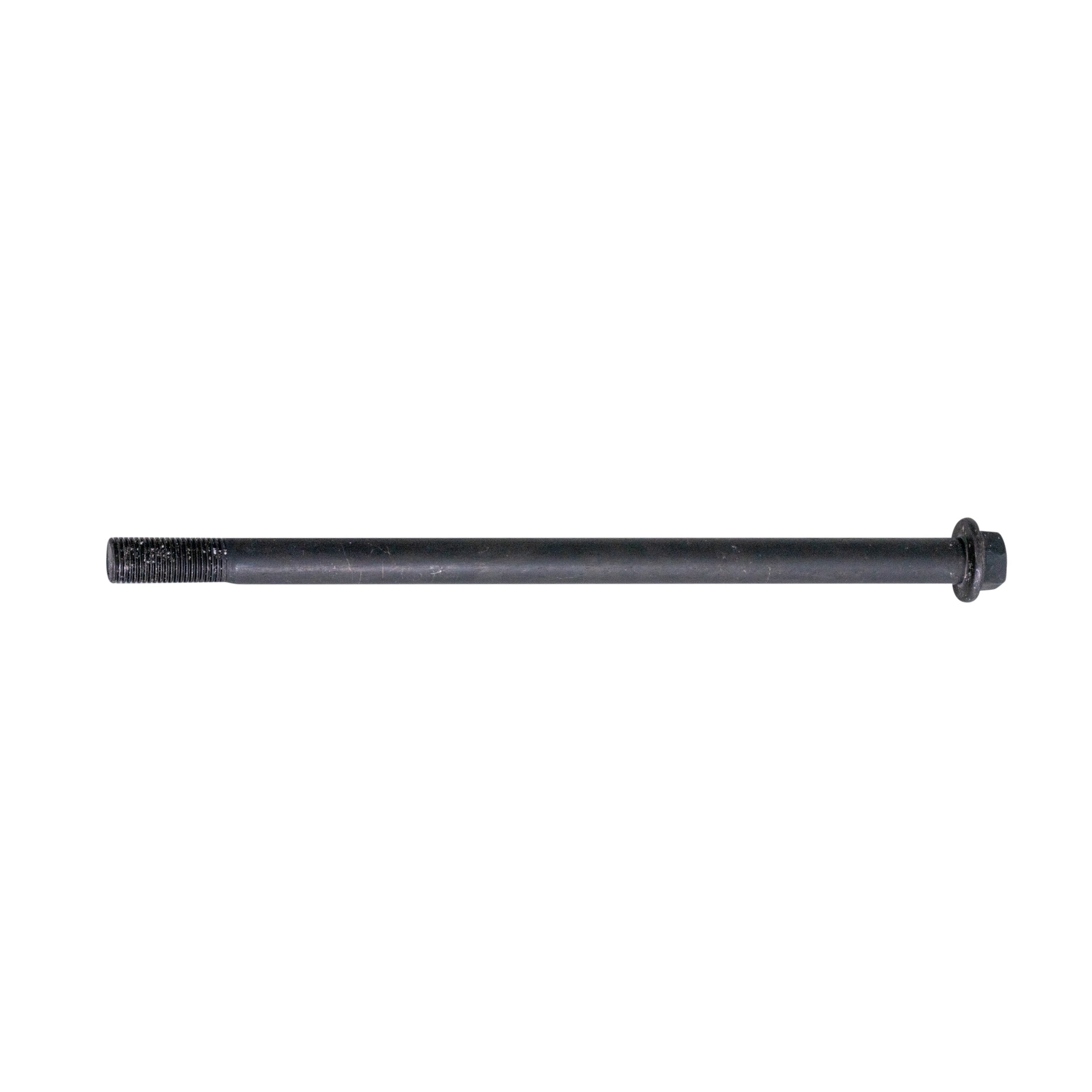 Front Axle Bolt for Monster Moto/Mega Moto Classic 80cc, 105cc, & 1000w Mini Bikes; close-up of a sturdy black metal rod with a nut, featuring a corrosion-resistant black zinc oxide finish.