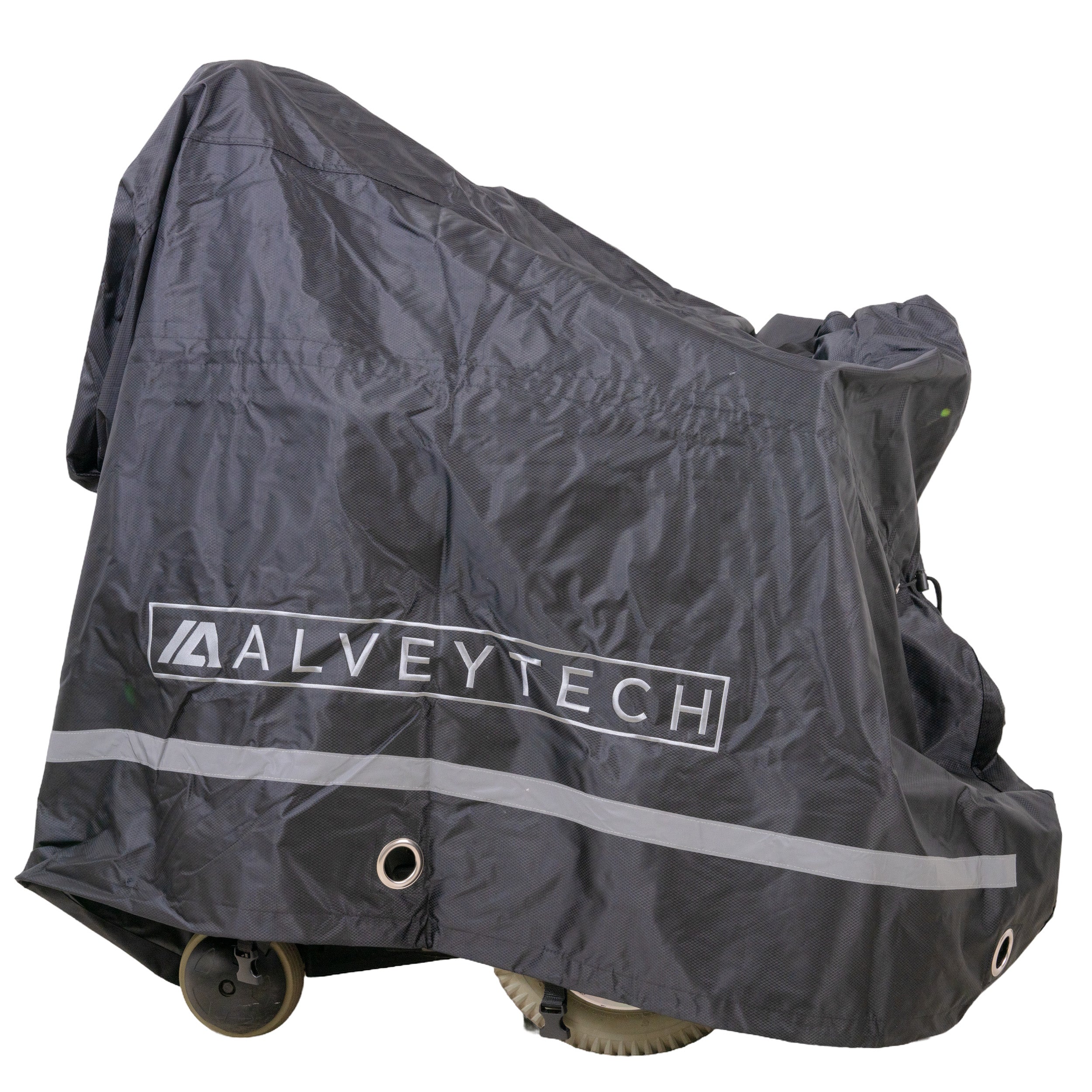 Universal Deluxe Electric Bike & Scooter Weatherproof Cover made of heavy-duty black fabric with white text, featuring multiple grommets and drawstrings for secure fastening.