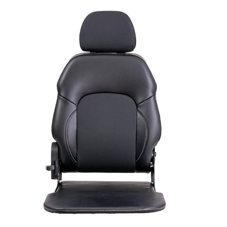 Pan Seat Assembly for the Merits Vision Sport (326A), featuring a black leather seat with a headrest and backrest, designed specifically for the power chair, excluding seat cushions and armrests.