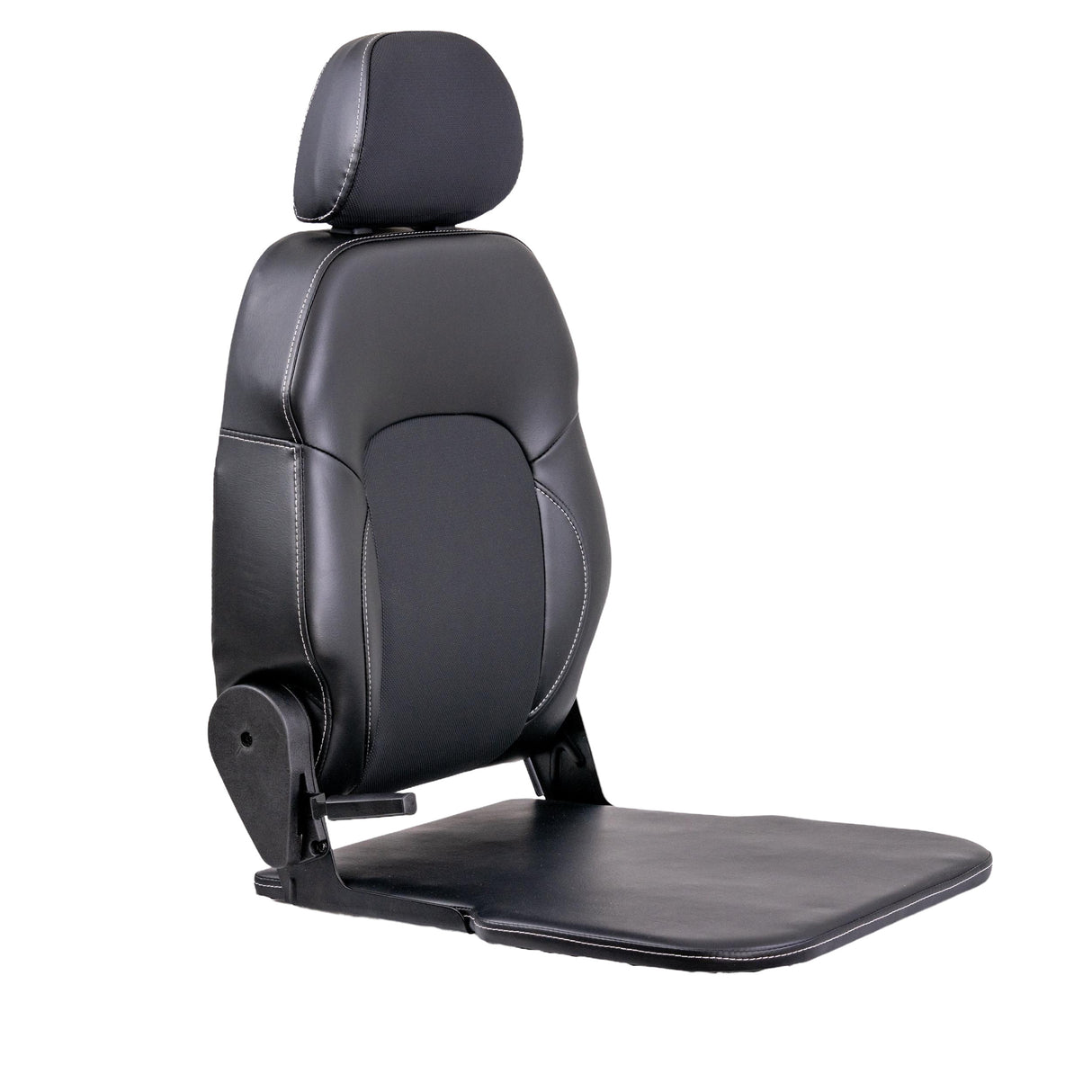 Pan Seat Assembly for the Merits Vision Sport (326A) featuring a black leather seat with white stitching, a backrest, and a headrest. Note: No seat cushions or armrests included.