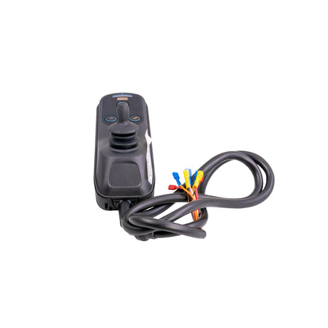 4 Key VSI Joystick Controller for Hoveround® MPV4® power chair, featuring a black remote with attached wires and blue circular accents, designed by PG Drives Technology.