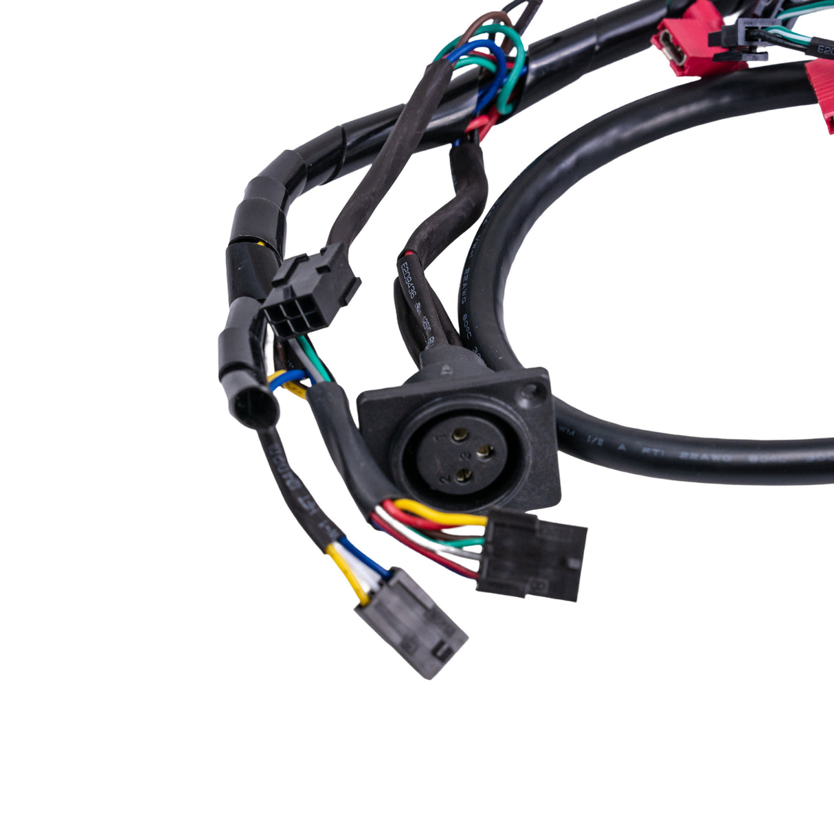 Close-up of the Tiller Wiring Harness for Jazzy Zero Turn (ZT) & Pride Zero Turn 8 Scooters, showing multiple interconnected wires and connectors.