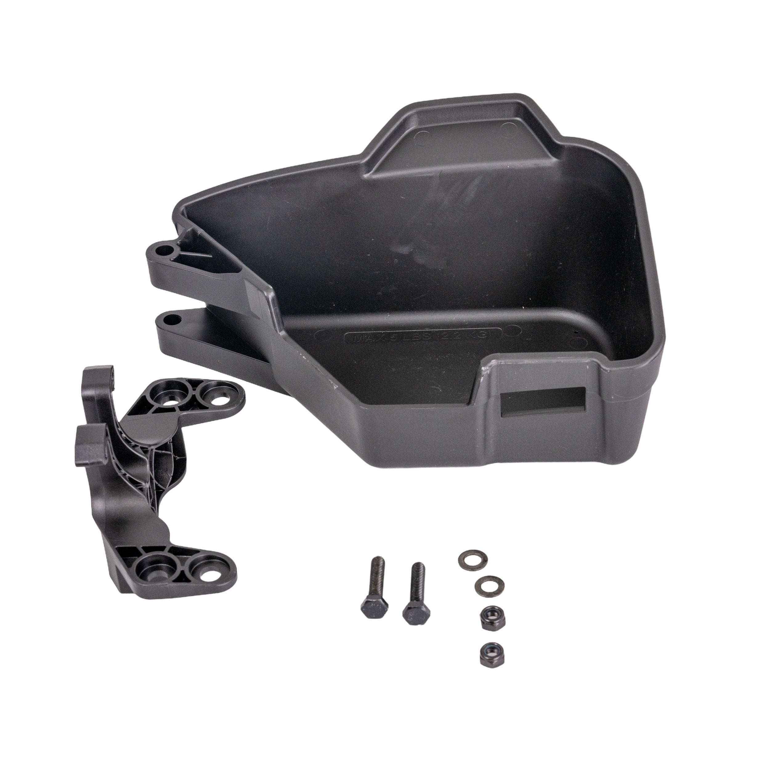 Under Seat Storage Assembly with Seat Plate for Go-Go Elite Traveller, Go-Go Elite Traveller Plus, Go-Go Sport, Go-Go ES, and Go-Go Ultra X, featuring a black plastic container with screws and bolts.