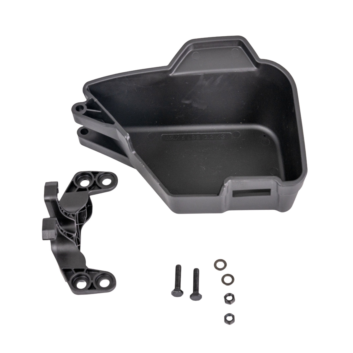 Under Seat Storage Assembly with Seat Plate for Go-Go scooters, featuring a black plastic container with screws and bolts, compatible with various Pride and Go-Go models.