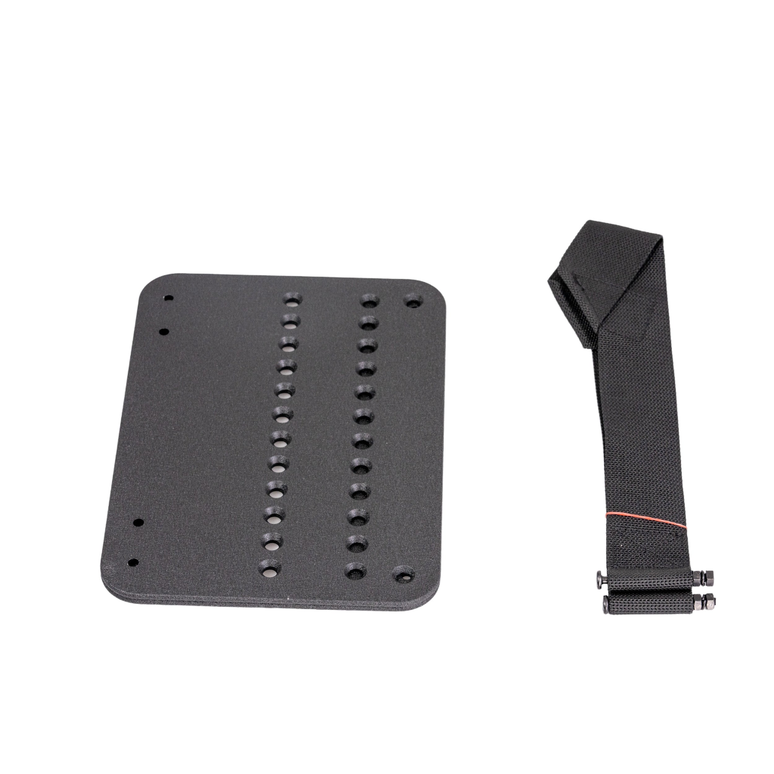 8x11 Footplate Assembly with Mounting Blocks & Heel Loops for Quantum Power Chairs (Set of 2) showing black rectangular footplates with holes, straps, and included mounting hardware.