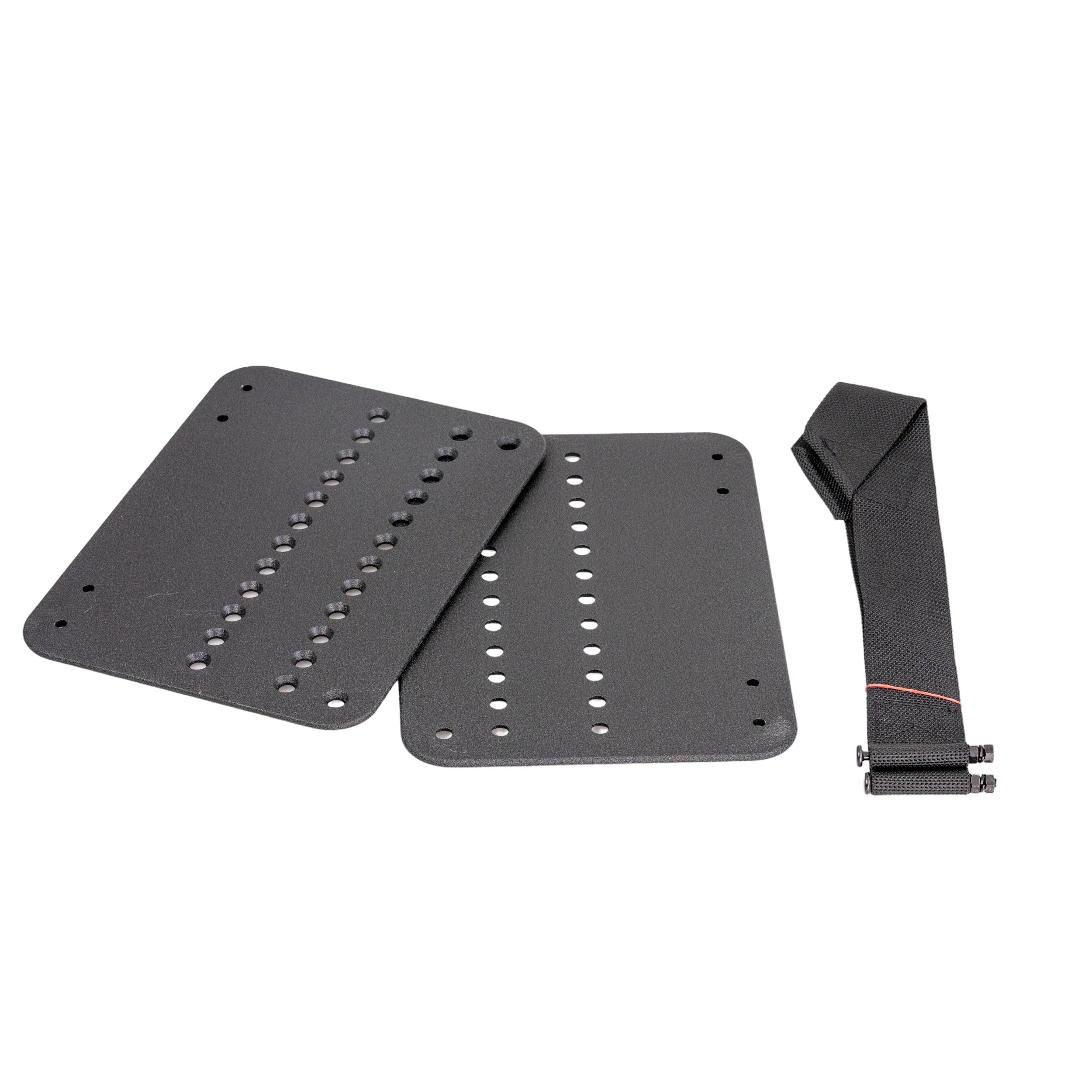 8x11 Footplate Assembly with Mounting Blocks & Heel Loops for Quantum Power Chairs (Set of 2) showing black plastic footplates with multiple holes, designed for adjustable angles, and includes mounting hardware.