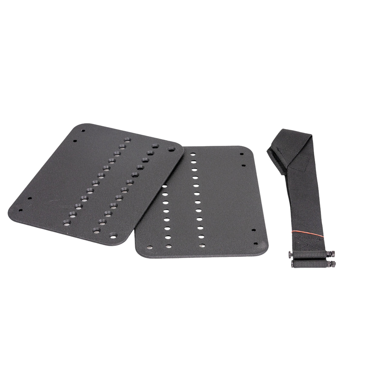 8x11 Footplate Assembly with Mounting Blocks & Heel Loops for Quantum Power Chairs (Set of 2) showing black plastic footplates with multiple holes, designed for adjustable angles, and includes mounting hardware.