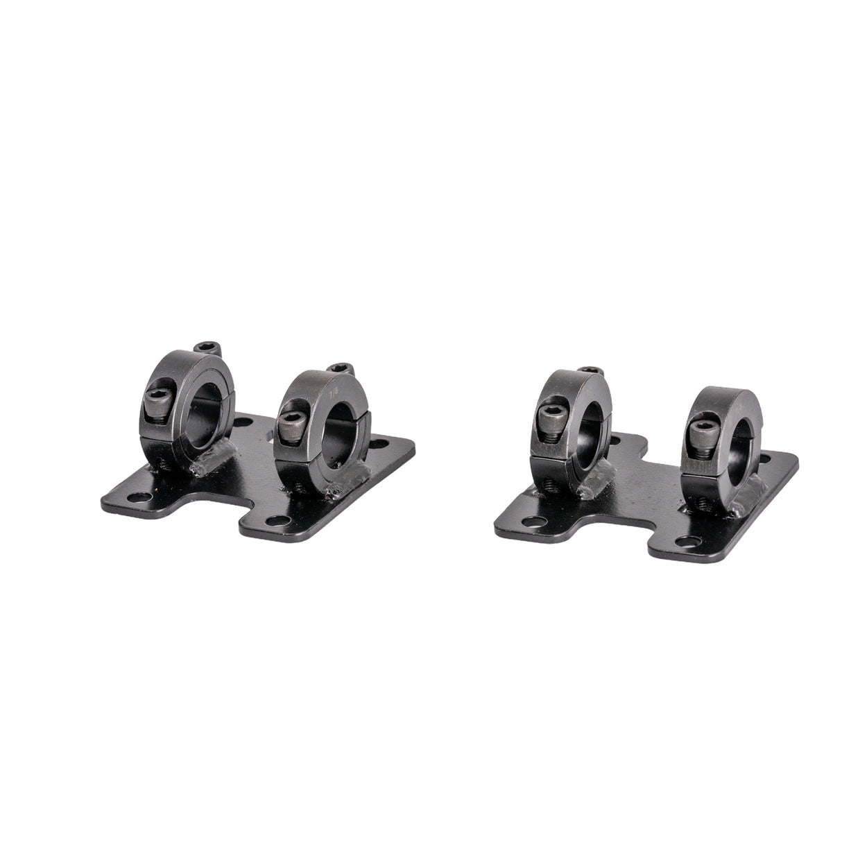 8x11 Footplate Assembly with Mounting Blocks & Heel Loops for Quantum Power Chairs (Set of 2), showing black metal parts with screws and mounting hardware, suitable for left or right side use.