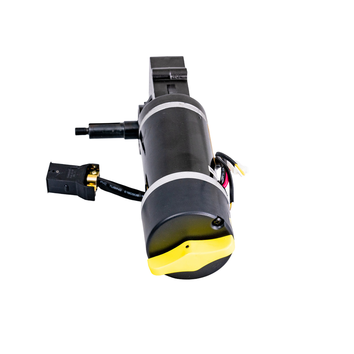 Drive Motor for the Jazzy Passport Power Chair, featuring a compact black and yellow design, with visible electrical wiring and connectors, ideal for replacing old or malfunctioning motors in power chairs.