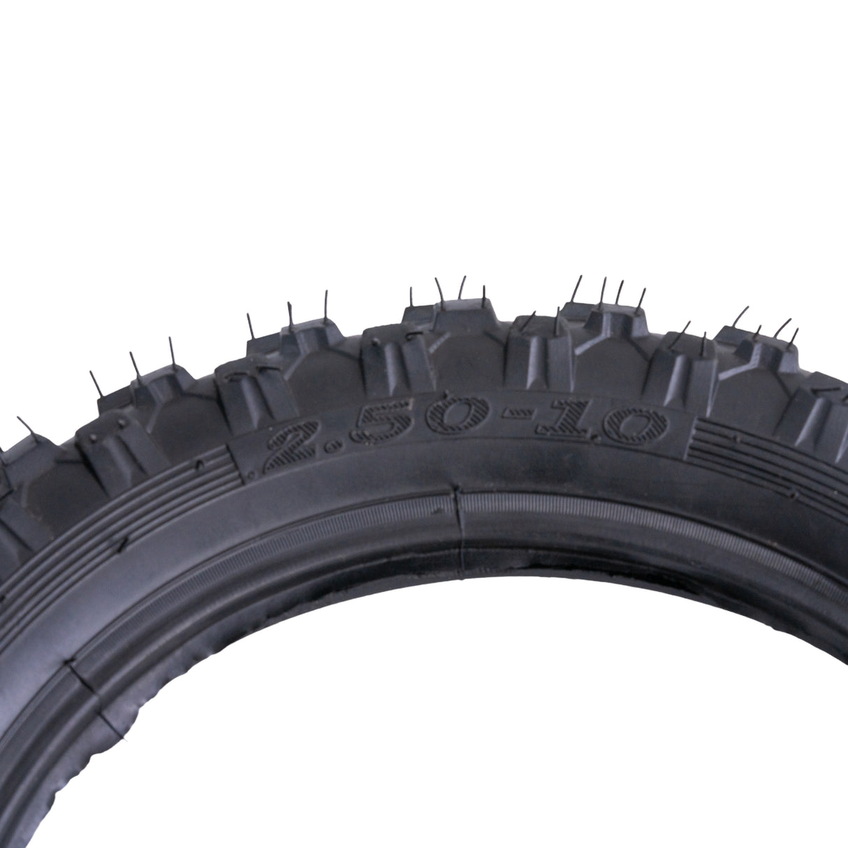 16X2.50-64-305 Tubeless Tire for E-Bikes & Scooters; close-up of a black tire with low-siped street tread and spikes, designed for GOTRAX, X-Treme, MotoTec models, and some mobility scooters.