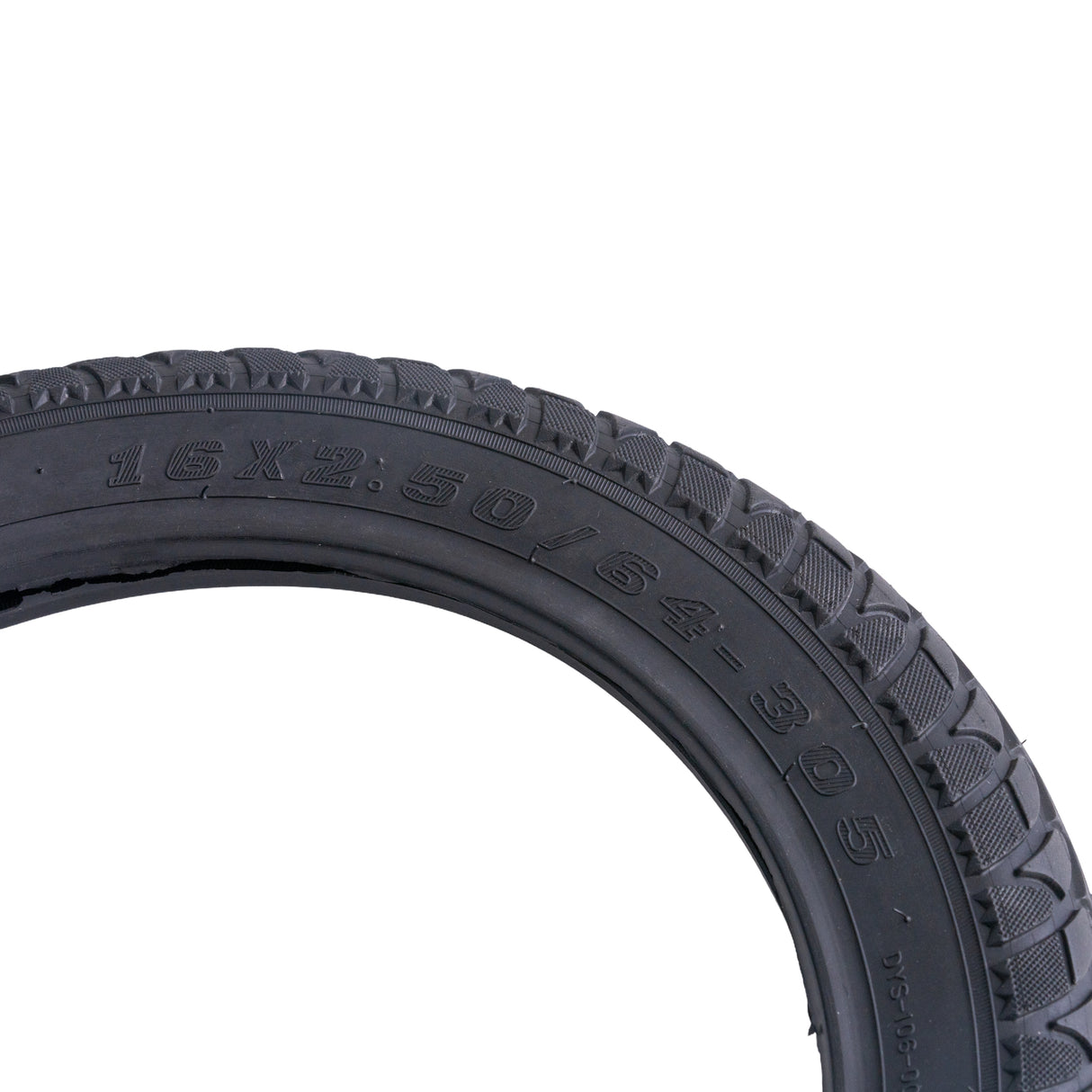 Close-up of 16X2.50-64-305 Tubeless Tire for E-Bikes & Scooters, showing detailed treads and sidewall. Suitable for GOTRAX, X-Treme, MotoTec, and mobility scooters like eWheels EW-36.