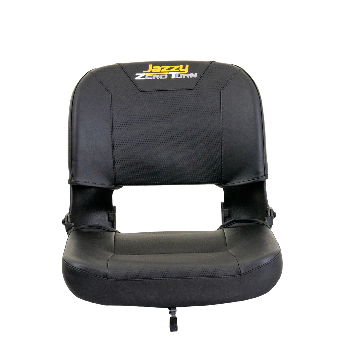 17 Seat Assembly with Armrests for the Jazzy Zero Turn (ZT), featuring a black seat with yellow text, black vinyl seat covers, a steel base plate, armrests, and essential hardware.