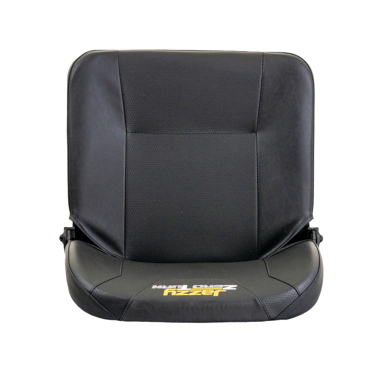 17 Seat Assembly with Armrests for the Jazzy Zero Turn (ZT) featuring a black seat with yellow text, black vinyl covers, steel base plate with elevation lever, and included armrests and brackets.