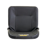 17 Seat Assembly with Armrests for the Jazzy Zero Turn (ZT) featuring a black seat with yellow text, black vinyl covers, steel base plate with elevation lever, and included armrests and brackets.