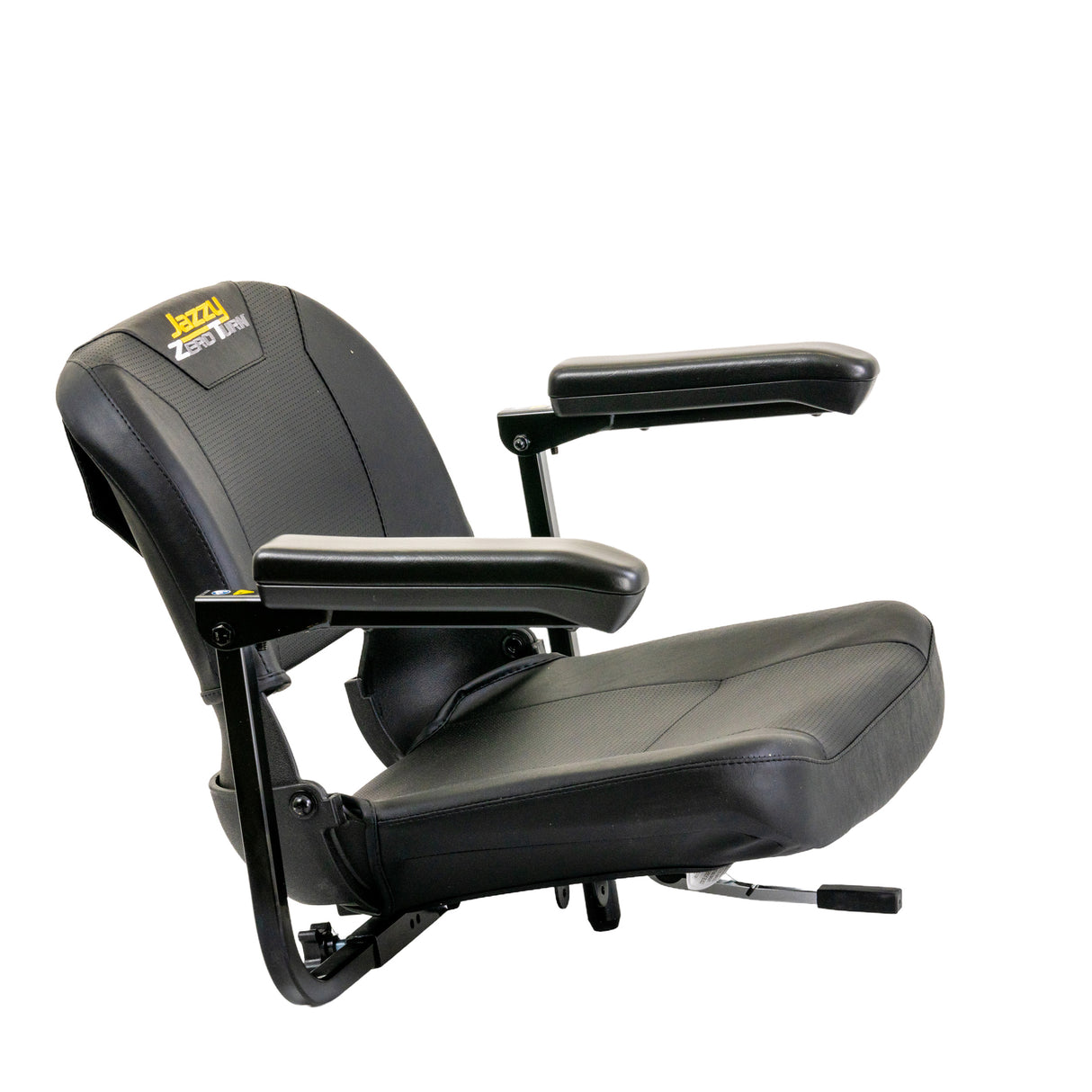 17 Seat Assembly with Armrests for the Jazzy Zero Turn (ZT) featuring a black leather chair with armrests, steel base plate with elevation lever, and complete hardware for easy installation.