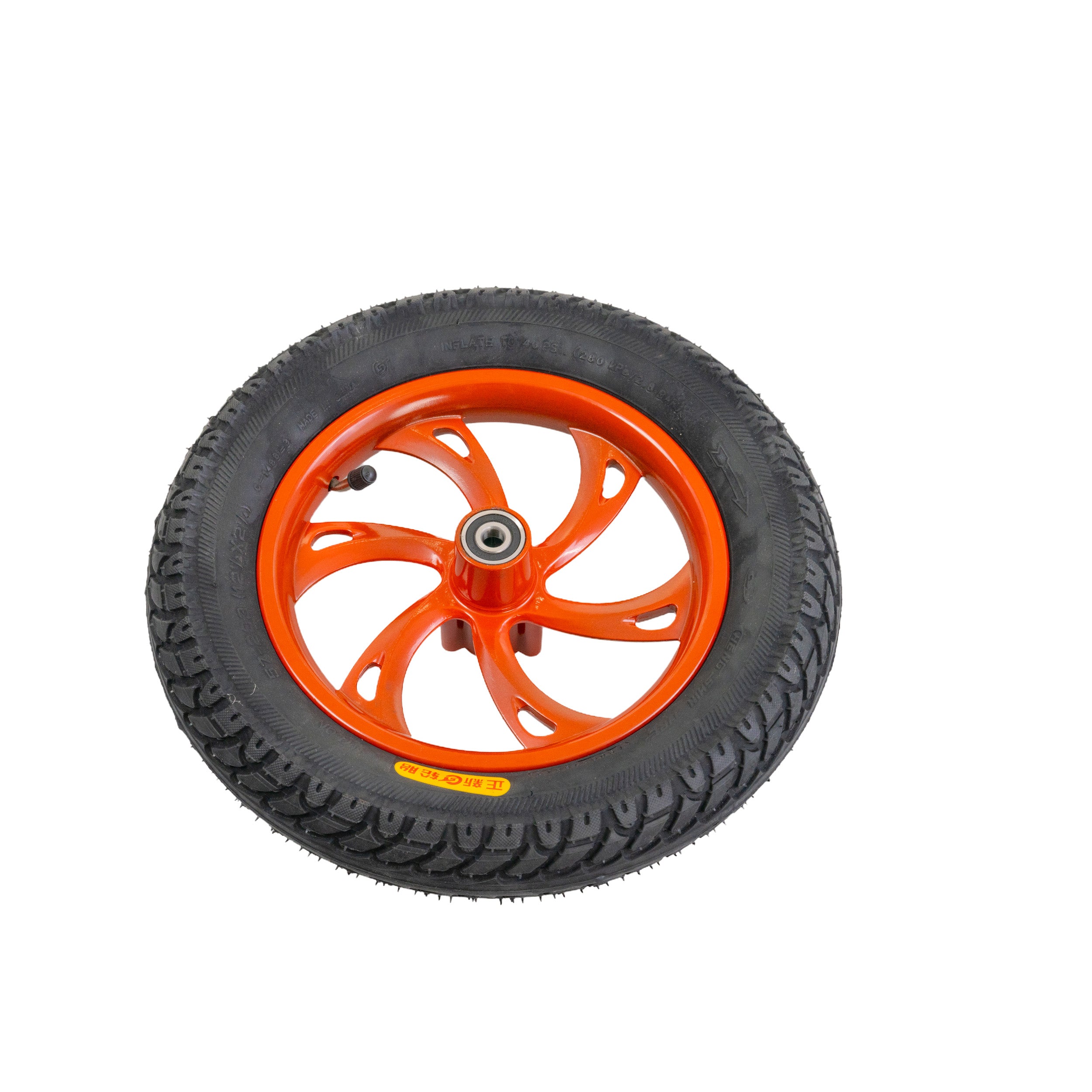 Front Wheel Assembly with Burnt Orange Rim for the Jetson® Bolt Electric Bike featuring a 6-spoke rim, directional street tread tire, and pre-drilled hub for brake disc.