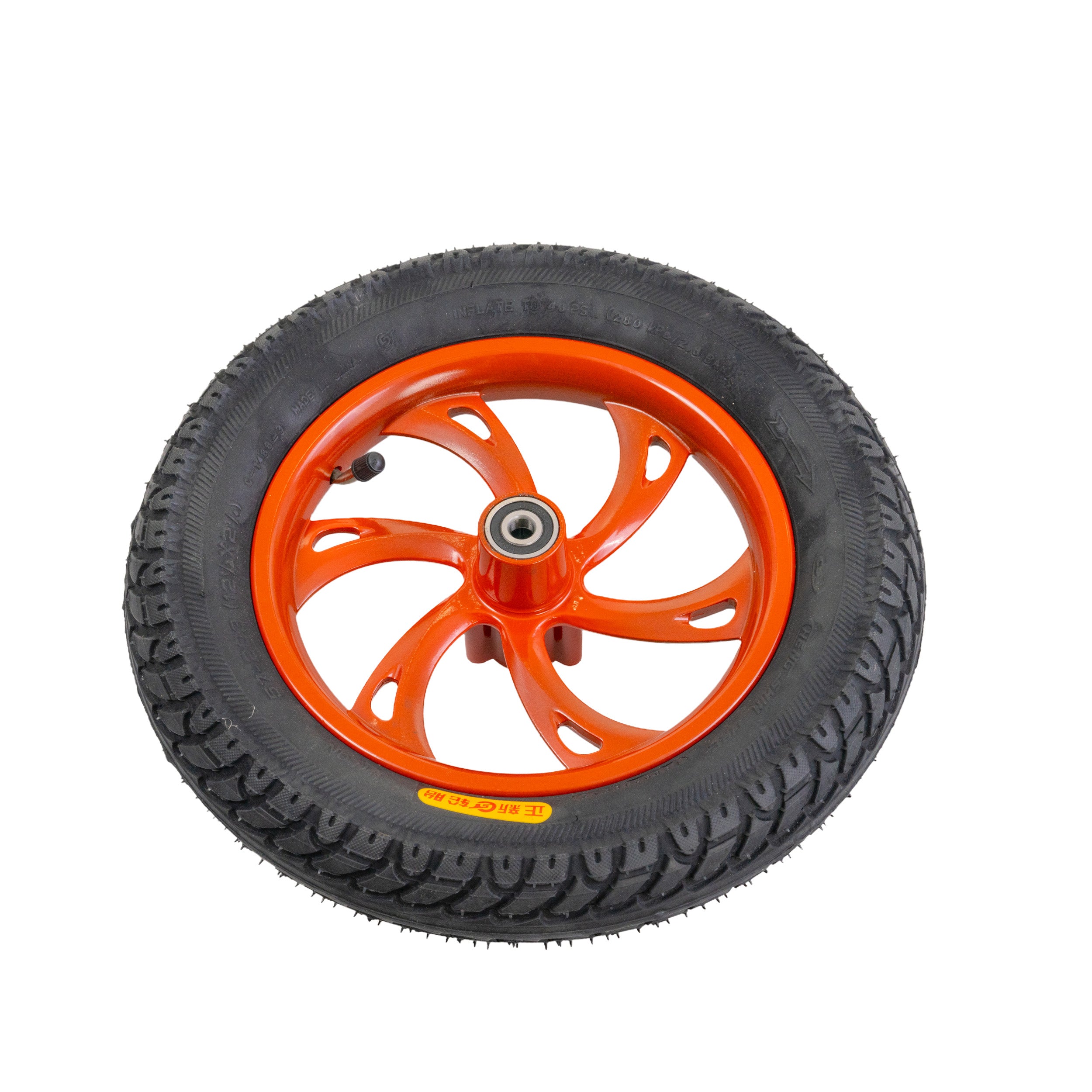 Front Wheel Assembly with Burnt Orange Rim for the Jetson® Bolt Electric Bike, featuring a 6-spoke rim, pre-drilled hub for brake disc, and directional street tread tire.