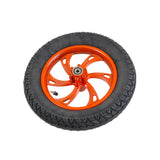 Front Wheel Assembly with Burnt Orange Rim for the Jetson® Bolt Electric Bike, featuring a 6-spoke rim, pre-drilled hub for brake disc, and 12-1/2x2-1/4 directional street tread tire.