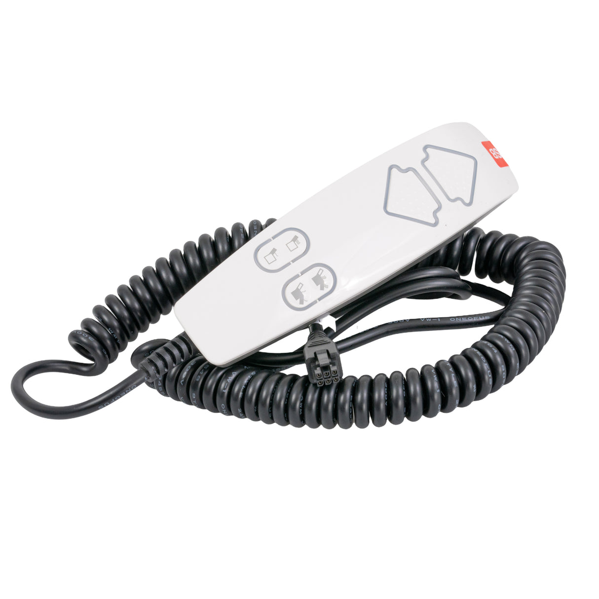 Hand Control Pendant for the Mega Motion Lift Chair (NM-2001) showing a white remote with a black coiled cord, two illuminated buttons, a USB port, and a 6-pin female connector.