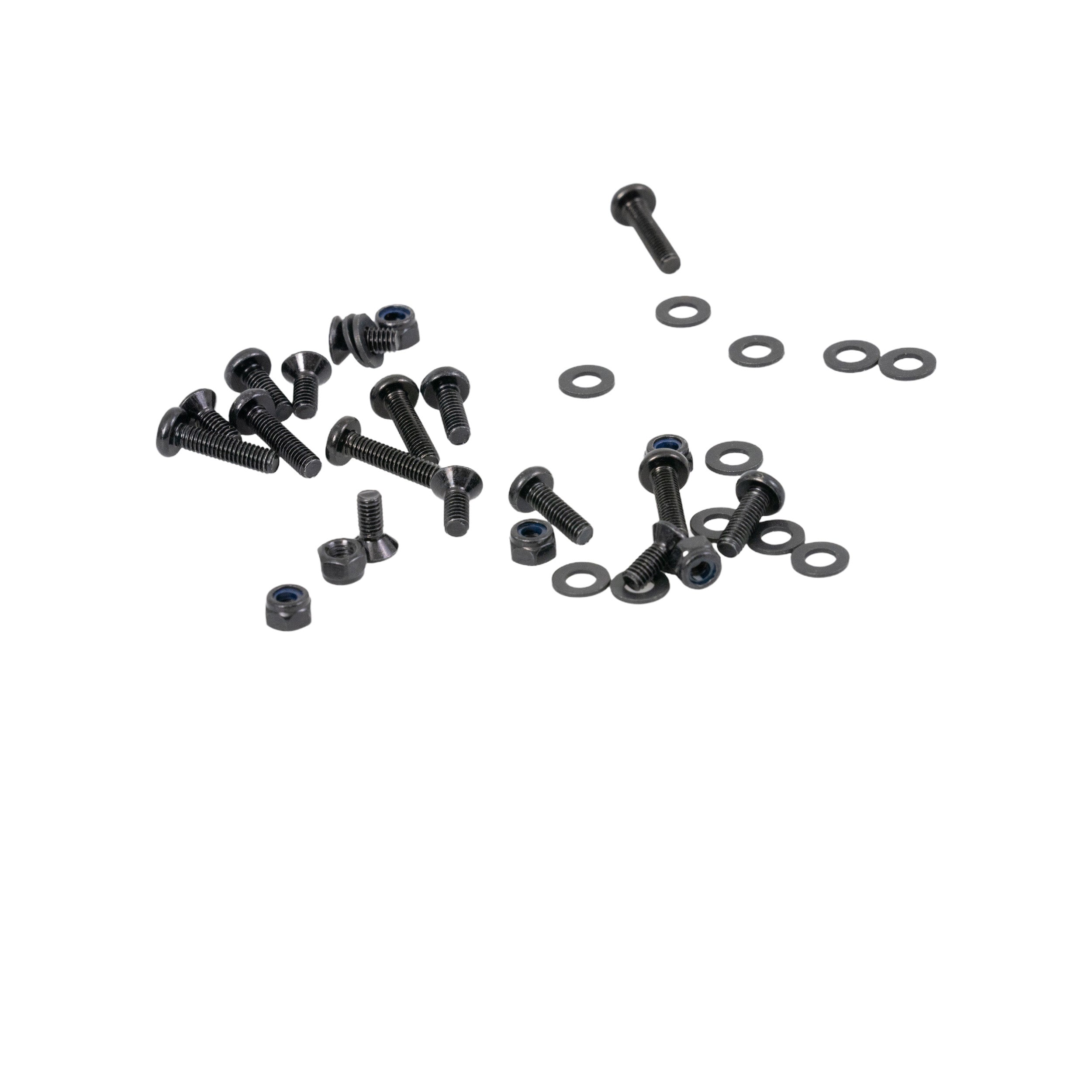 A group of black screws and washers for the Red Front Shroud Cover, compatible with the Pride Victory 9 (SC609/SC609PS/SC709) scooter.