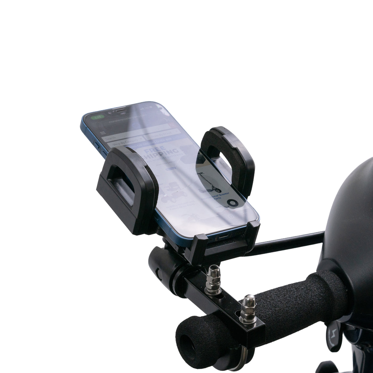 Universal Grip Smartphone Holder securely attached to a bicycle handlebar, showcasing its adjustable wings and sturdy mounting bracket, designed for mobility scooters, power chairs, and wheelchairs.