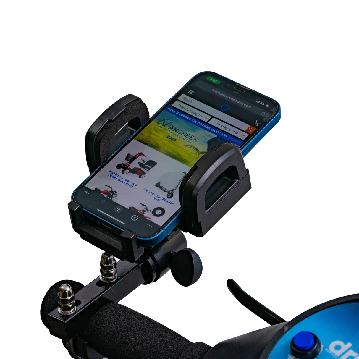 Universal Grip Smartphone Holder for Mobility Scooters, Power Chairs, & Wheelchairs, mounted on a handlebar, securely holding a cellphone with adjustable wings and protective foam padding.