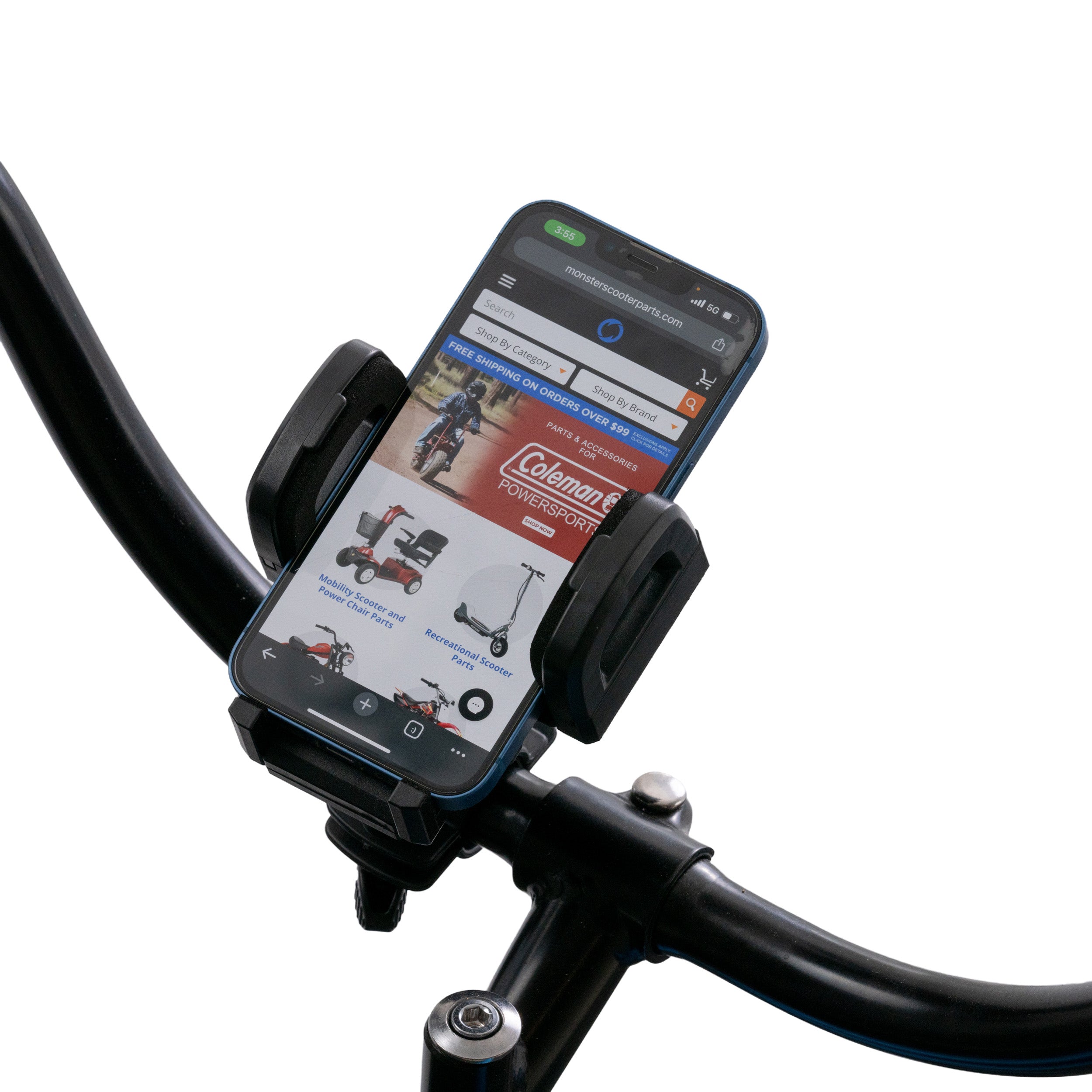 Universal Grip Smartphone Holder mounted on a scooter handlebar, showcasing its adjustable wings securely gripping a phone, highlighting its application for mobility scooters, power chairs, and wheelchairs.