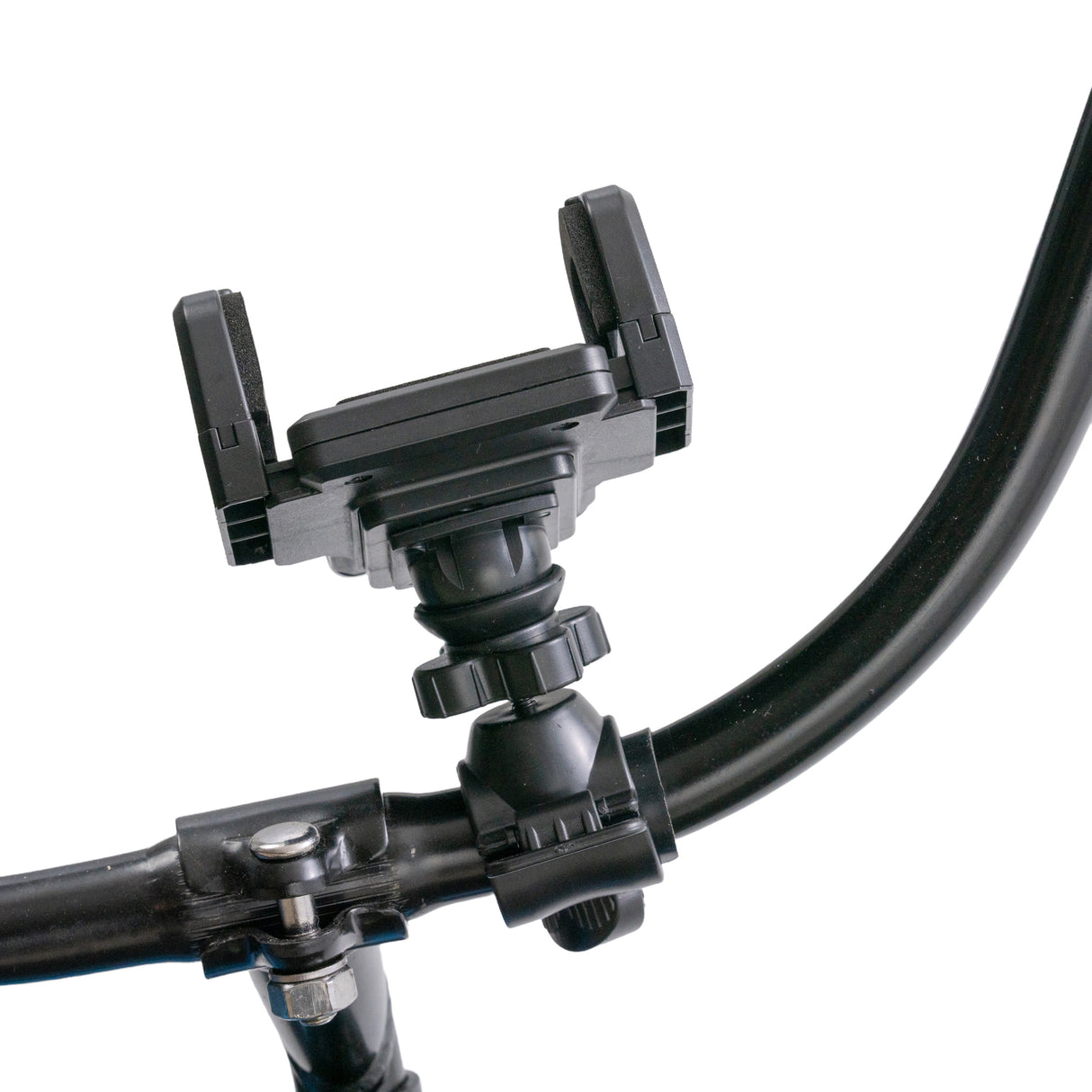 Close-up of the Universal Grip Smartphone Holder mounted on a bike handlebar, showcasing its adjustable clamp and secure grip for various electronic devices.