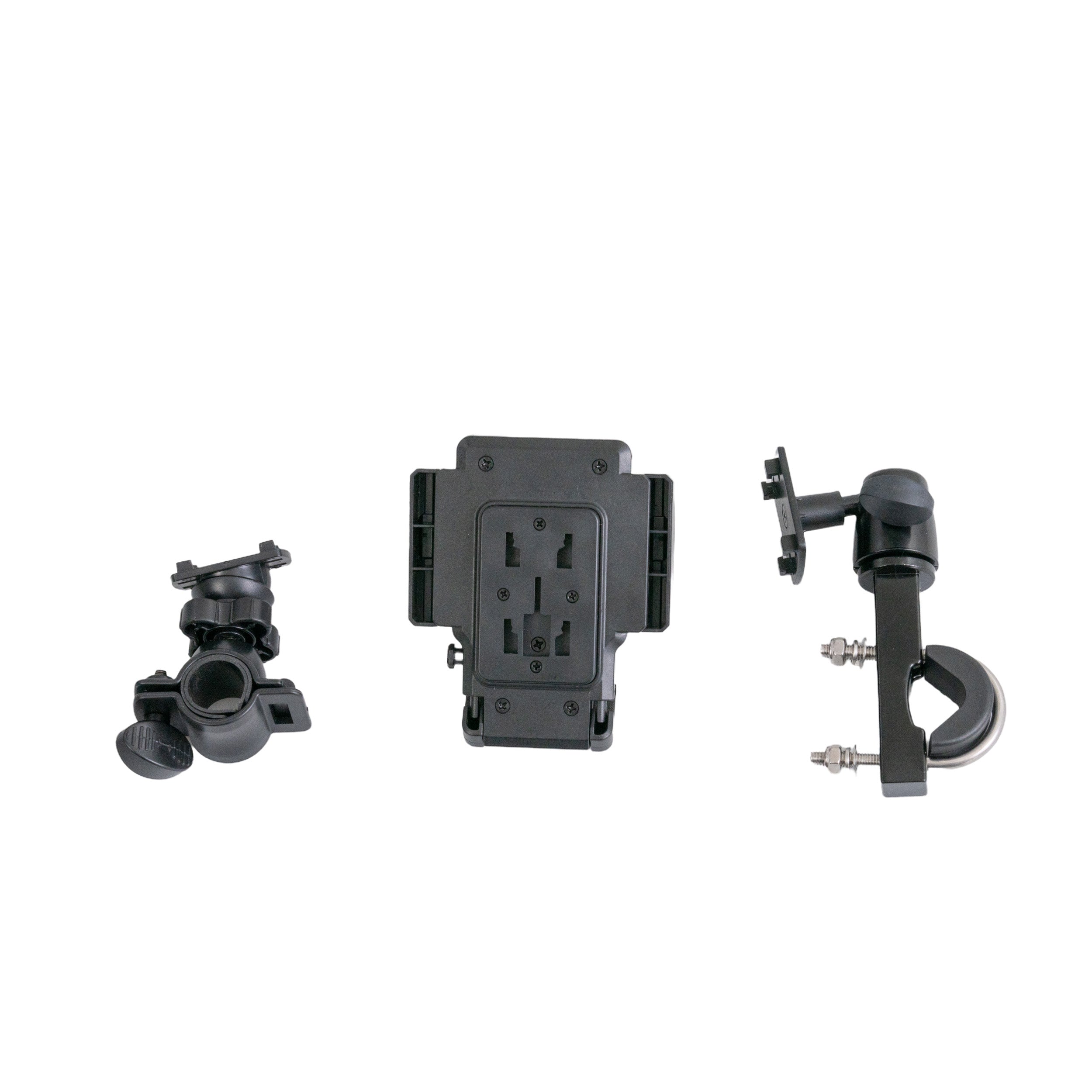 Close-up of the Universal Grip Smartphone Holder for Mobility Scooters, Power Chairs, & Wheelchairs, showcasing its adjustable wings and sturdy mounting brackets for secure attachment to handlebars or armrest brackets.