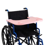 Plastic Tray Table for Wheelchairs shown attached to a wheelchair, providing a sturdy, multifunctional surface for reading, eating, and resting, featuring an easy-to-install design with velcro straps and a built-in cup holder.